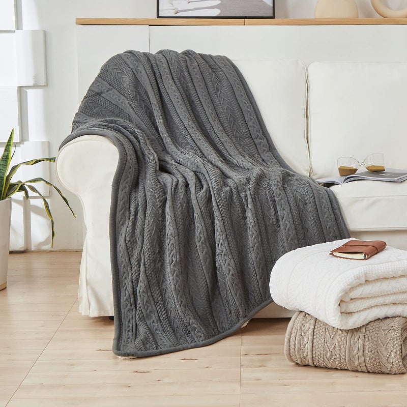Longhui bedding Acrylic Cable Knit Sherpa Throw Blanket - Thick  Soft  Big  Cozy Grey Knitted Fleece Blankets for Couch  Sofa  Bed - Large 50 x 63 Inches Gray Coverlet All Season - Image 5